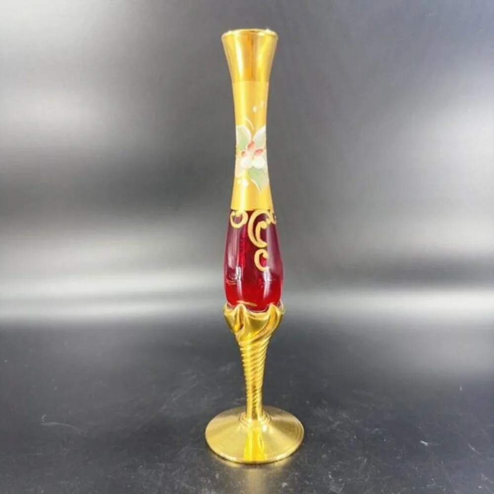 Venetian Art Glass Vase Raised Flowers Ruby Red Heavy Gold Painted Made In Italy